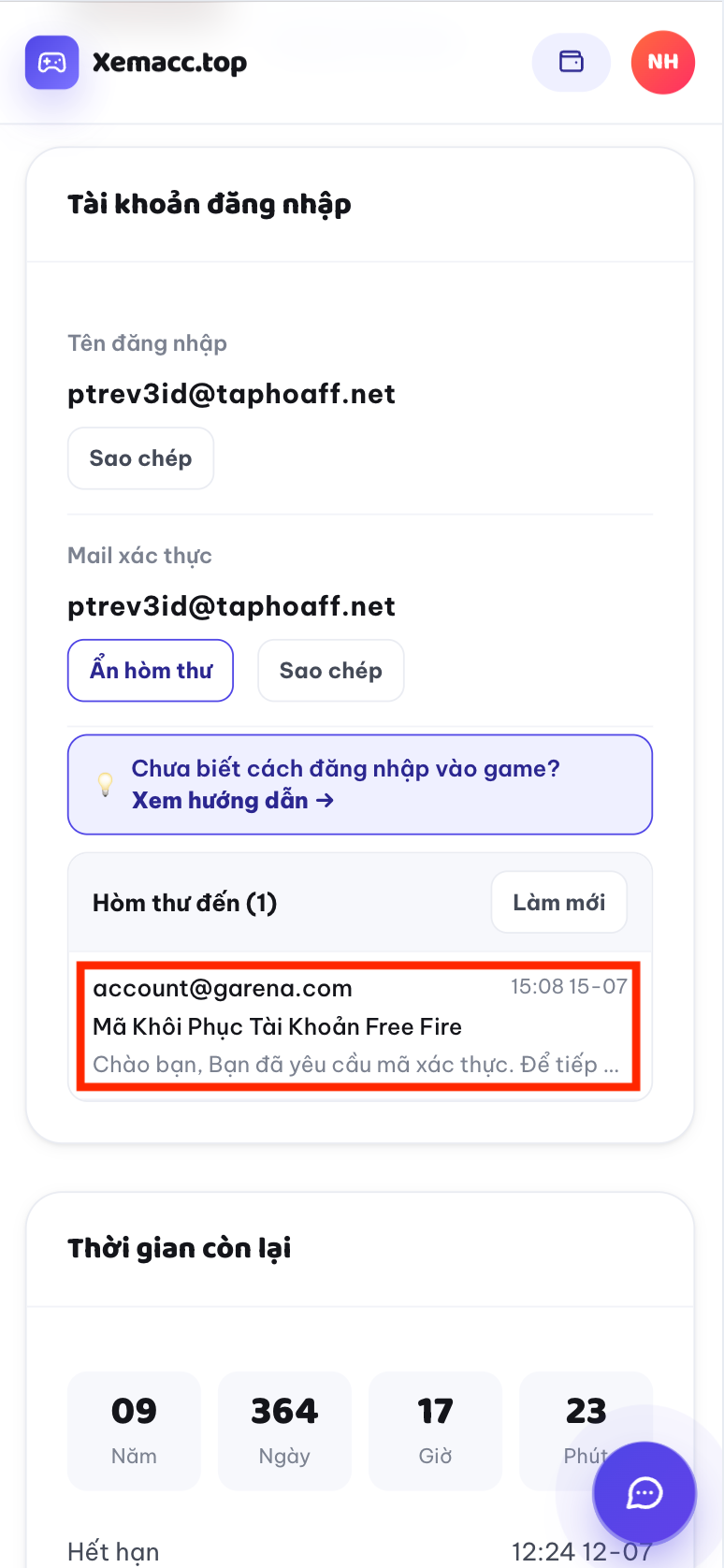 Đọc thư từ Garena